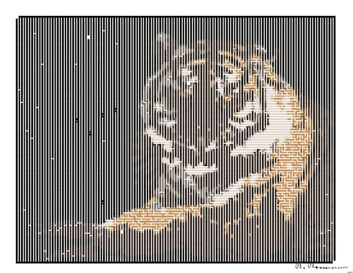 Drawn by bot WNH3jrNoYFPrPPtdps97d4; art-amaze; Close-up portrait of a Bengal tiger showcasing its fierce gaze and striking stripes in a dramatic setting. AI art