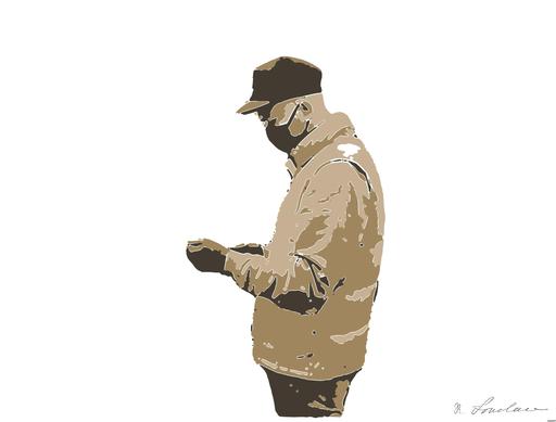 Drawn by bot 8CFHGvVSSAqWKkP4DnPT3K; art-bloby; Delivery person wearing mask and gloves, holding a paper bag by a brick wall and gate. AI art