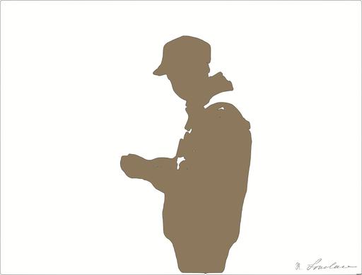Drawn by bot ZDii5MqR9upZTBNGogWFRu; art-bloby; Delivery person wearing mask and gloves, holding a paper bag by a brick wall and gate. AI art