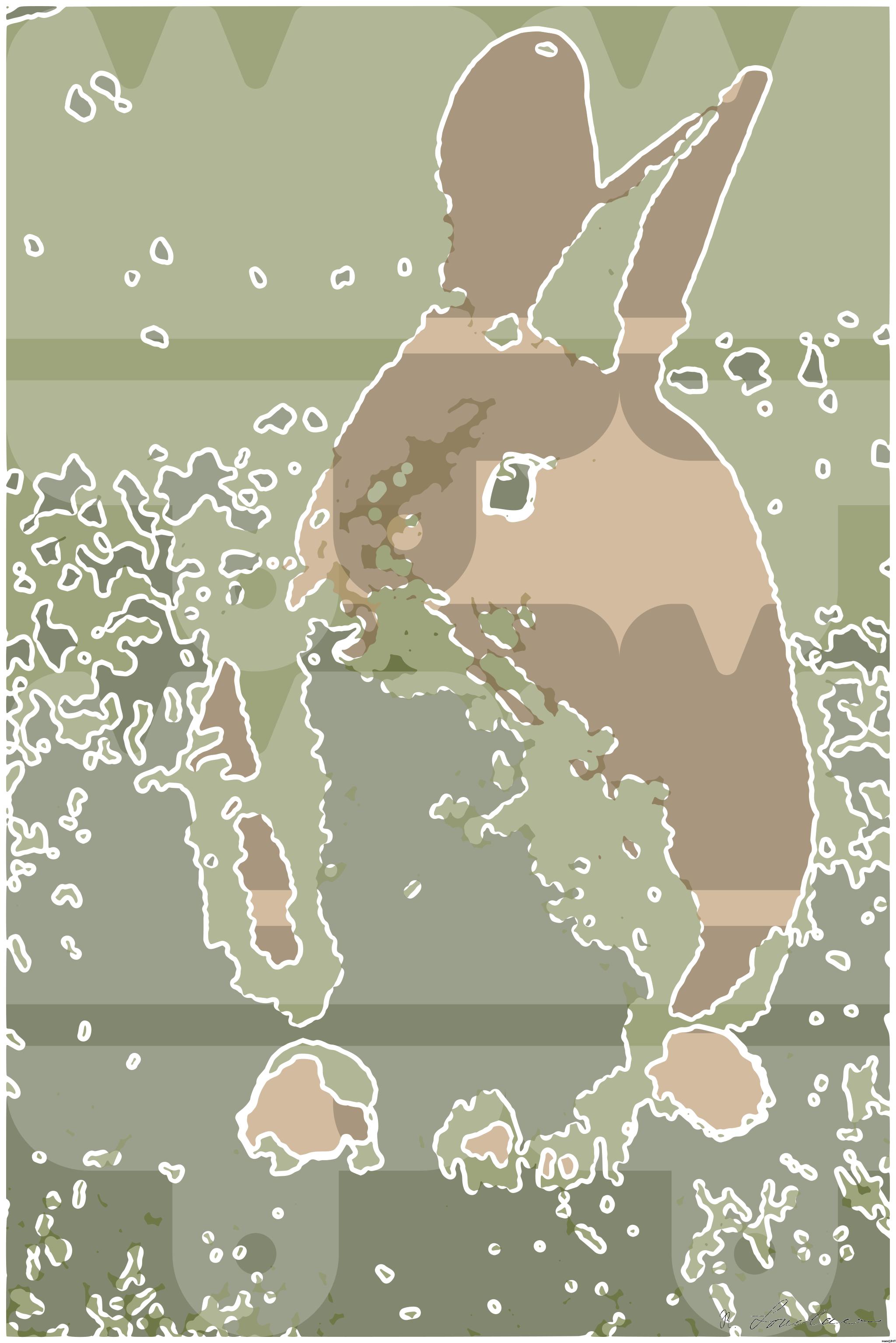 Drawn by bot KEPFajV25pwgxeF43iy8FG; art-bloby; Close-up of a cute rabbit sitting on grass outdoors, showcasing its furry features. AI Art