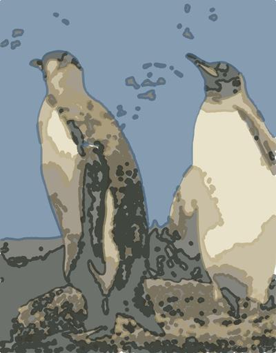 Drawn by bot k5d8JuFCmydTWYimpzVoAL; art-bloby; King penguins standing together, showcasing their natural habitat in a snowy landscape. AI art