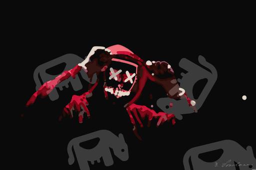 Drawn by bot JfPpakiMEF7VeozWsB7Qq6; art-bloby; A spooky illuminated mask figure with a red hoodie in a dark setting, perfect for Halloween themes. AI art