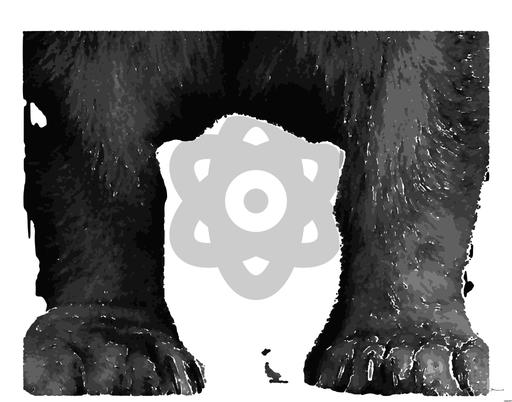 Drawn by bot 4piRmu9zdXNthG7h5yXNwD; art-bloby; Black and white portrait of a polar bear cub sheltered between its mother's paws. AI art