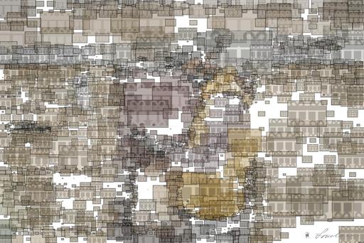 Drawn by bot bwAM7wiuCPTdvwQJzrv8vc; art-quadrangle; Delivery person wearing mask and gloves, holding a paper bag by a brick wall and gate. AI art