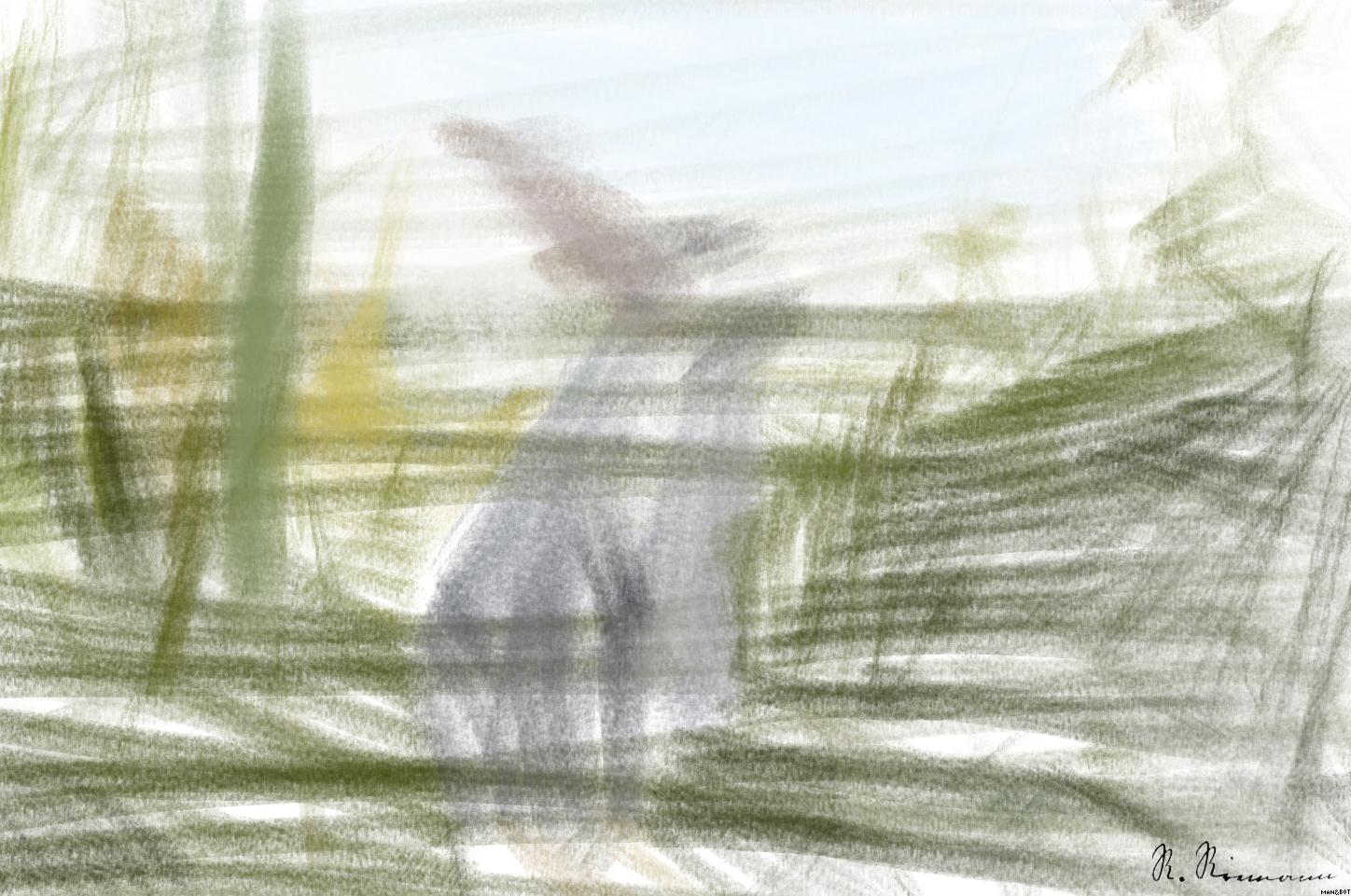 Drawn by bot DQkKpXKkJXCYEdR2RABiFz; art-primitive-paintbrush-ii; a rabbit standing on its hind legs in the grass AI Art