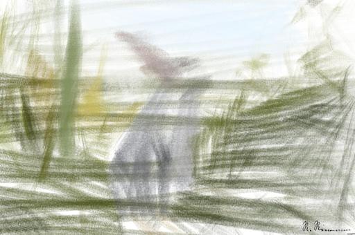 Drawn by bot DQkKpXKkJXCYEdR2RABiFz; art-primitive-paintbrush-ii; a rabbit standing on its hind legs in the grass AI art
