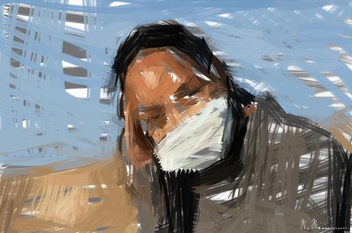 Drawn by bot ChqRdywJzBuDy9JztZqQM3; art-primitive-paintbrush-ii; Close-up portrait of a woman wearing a face mask, enjoying a moment in the sunlight. AI art