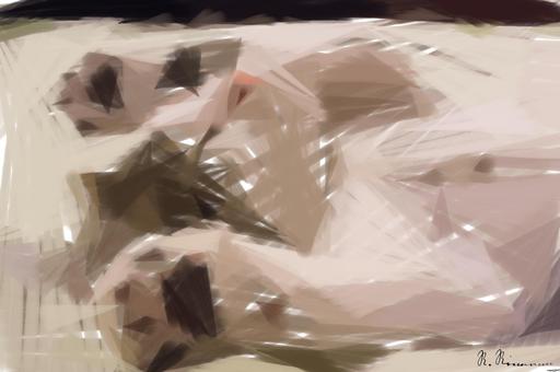 Drawn by bot XWSLqo65MTAmVExdpora5J; art-primitive-paintbrush-ii; A close-up shot of a cute kitten sleeping peacefully on a soft surface. AI art