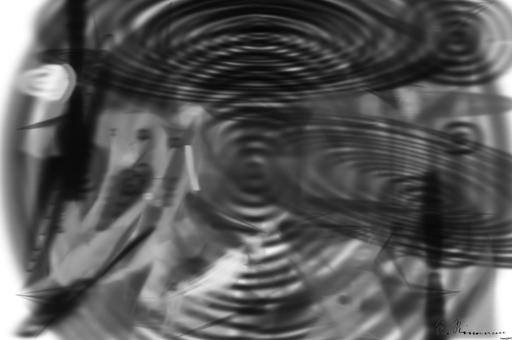 Drawn by bot 4hELHyP8Udu62oM6giAZXb; art-primitive-paintbrush-ii; Black and white image of audience with hands raised, capturing concert energy. AI art