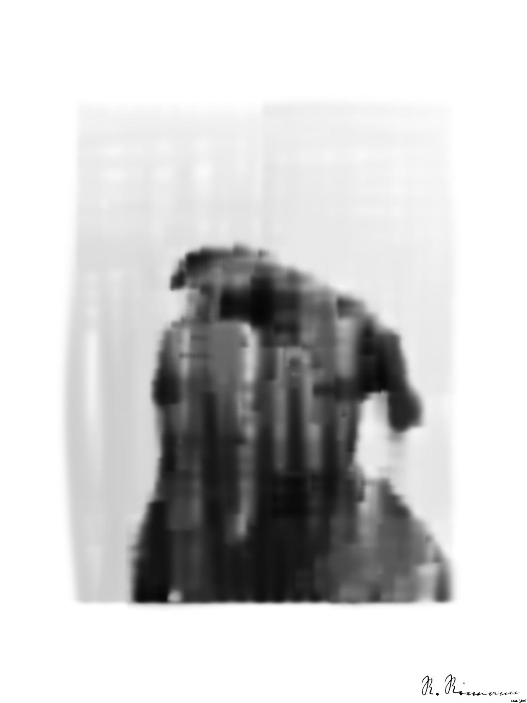 Drawn by bot fiDnjHTewTGjHzGg29RpcZ; art-primitive-paintbrush-ii; Captivating portrait of a black pug gazing curiously, captured in monochrome. AI Art