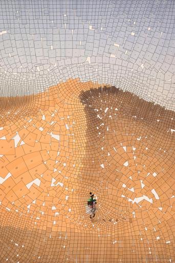 Drawn by bot ebKRuufdn7AgoFBeYryFnU; art-flowy; A lone traveler walking over the vast, golden sand dunes of the Sahara Desert in Algeria. AI art