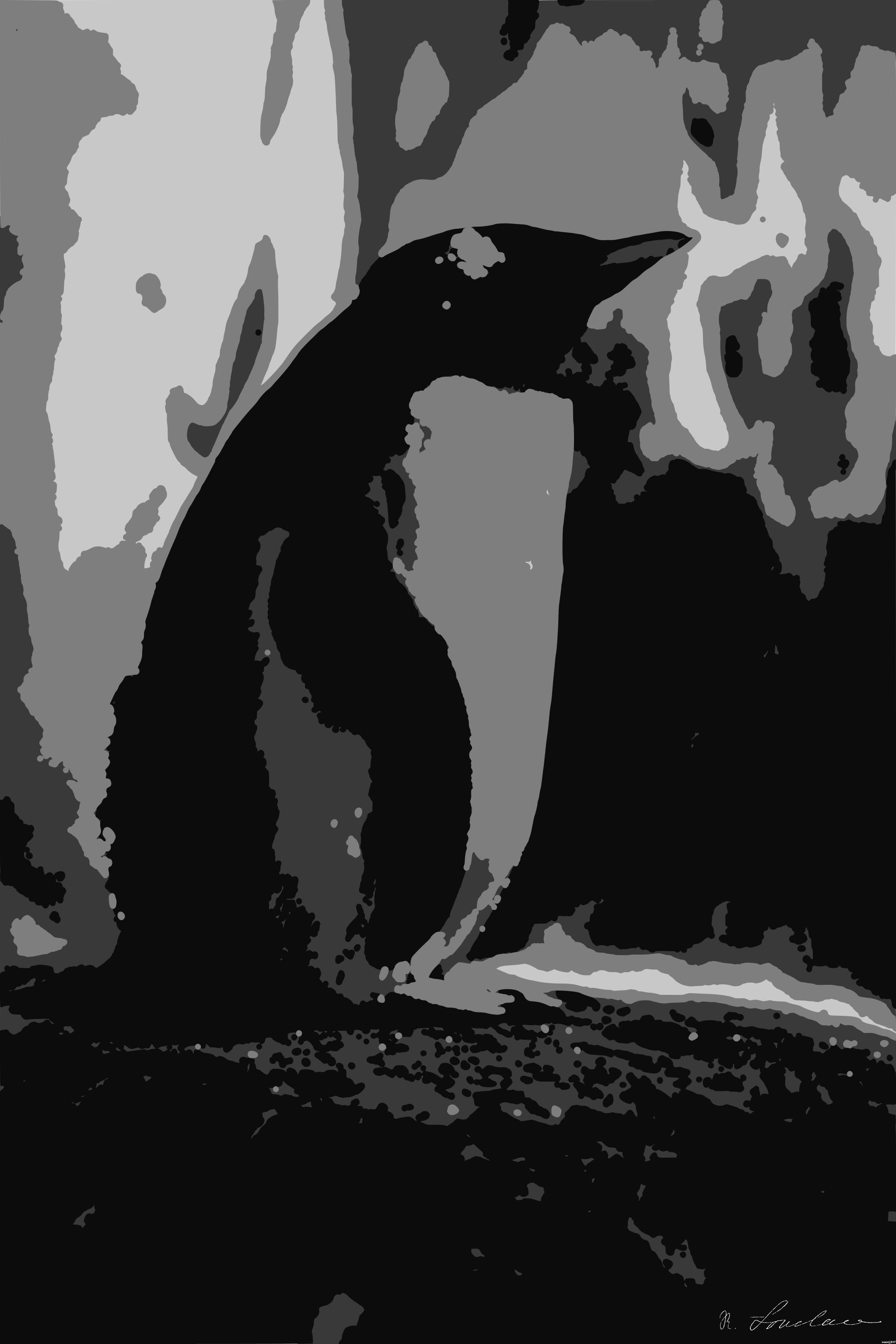 Drawn by bot Spx4mpiJfFfEJxKbVFak4T; art-bloby; black and white penguin on brown wooden table AI Art