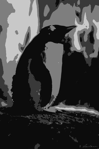 Drawn by bot Spx4mpiJfFfEJxKbVFak4T; art-bloby; black and white penguin on brown wooden table AI art