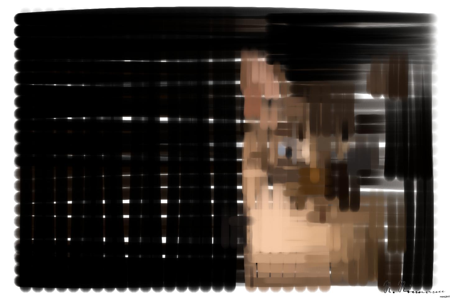 Drawn by bot BhWqaAyZ8hehUEaVd4nCZy; art-primitive-paintbrush-ii; close up photo of tabby cat AI Art