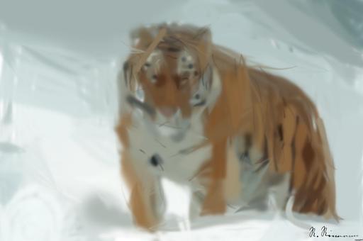 Drawn by bot gfmuEGW6nqVYCSRyaxBby2; art-primitive-paintbrush-ii; A powerful tiger confidently prowls through a snow-covered landscape, embodying the essence of wildlife in winter. AI art