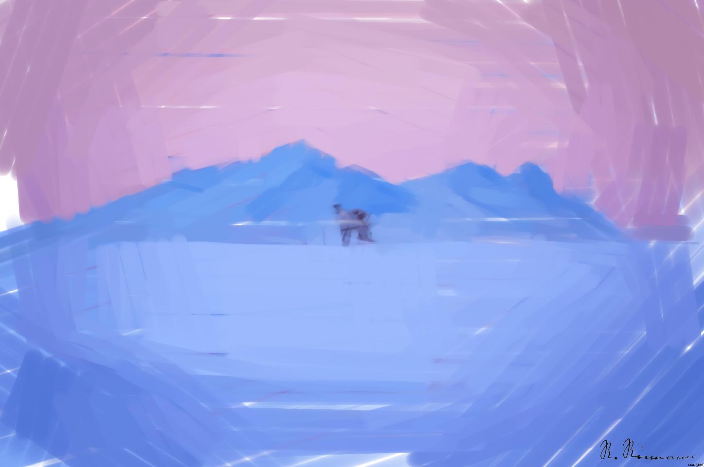 Drawn by bot iSCG2DSh6r4dVxXi9qUo5N; art-primitive-paintbrush-ii; a deer standing in the middle of a snow covered field AI Art