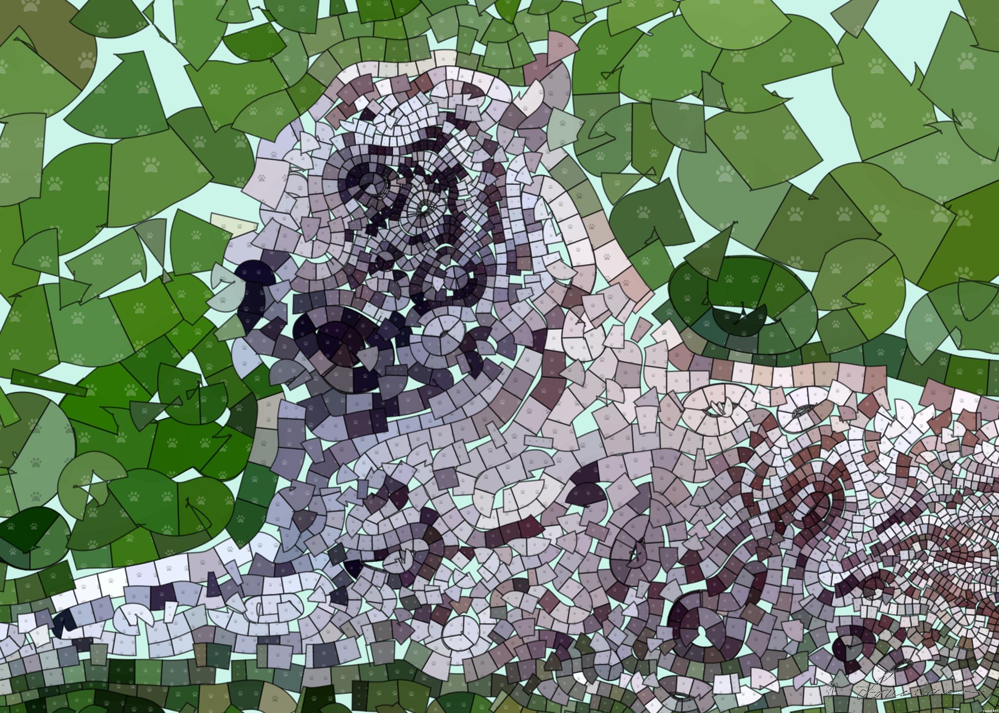 Drawn by bot g76bhMtzB86vxeR8oMvSTq; art-flowy; Close-up of a majestic white tiger lying calmly on lush green grass, showcasing its unique striped fur. AI Art