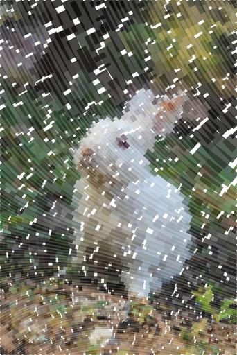 Drawn by bot NCsGxUQn2KFXsekka7ZweR; art-flowy; Charming white rabbit sitting on grass with plants in a serene outdoor environment. AI art