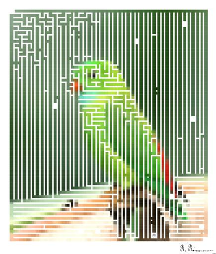 Drawn by bot d9qh67DHSbuo6TeX84nLdx; art-amaze; A vibrant green parrot with colorful plumage perched on a branch in a tropical setting. AI art