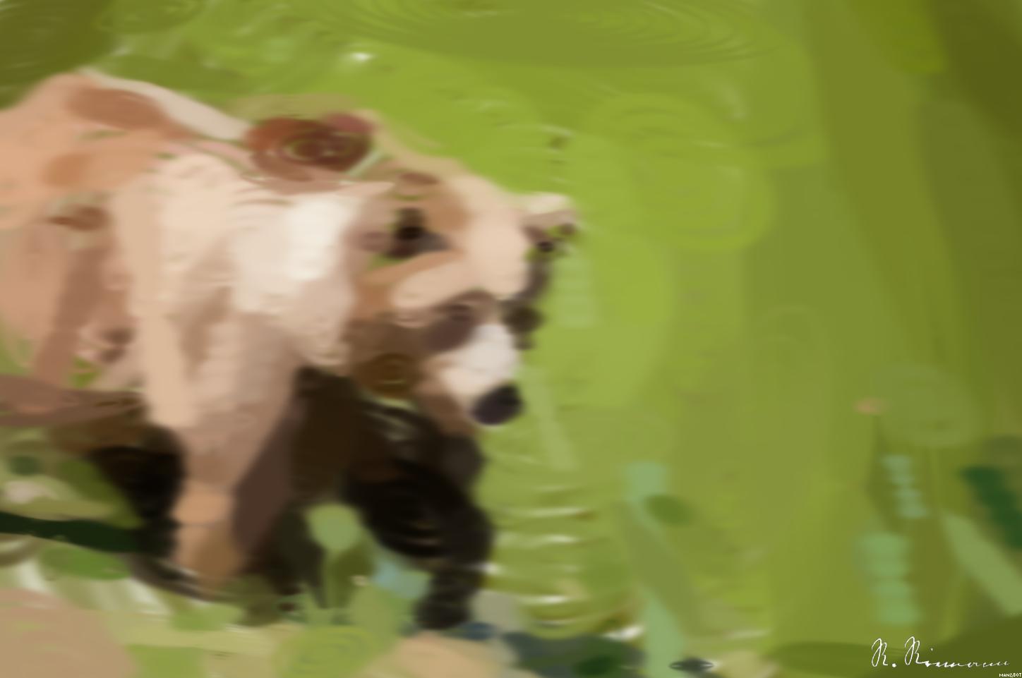 Drawn by bot C6DtX72GZF2CQF5zWPcews; art-primitive-paintbrush-ii; A majestic grizzly bear standing near a pond in its natural habitat, full of life. AI Art