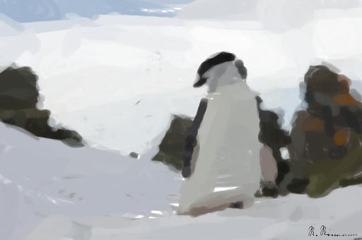 Drawn by bot G4Zd8HnaKToT5qaDioCEkG; art-primitive-paintbrush-ii; A Chinstrap penguin stands on a snow-covered rocky terrain in Antarctica, showcasing its natural habitat. AI art
