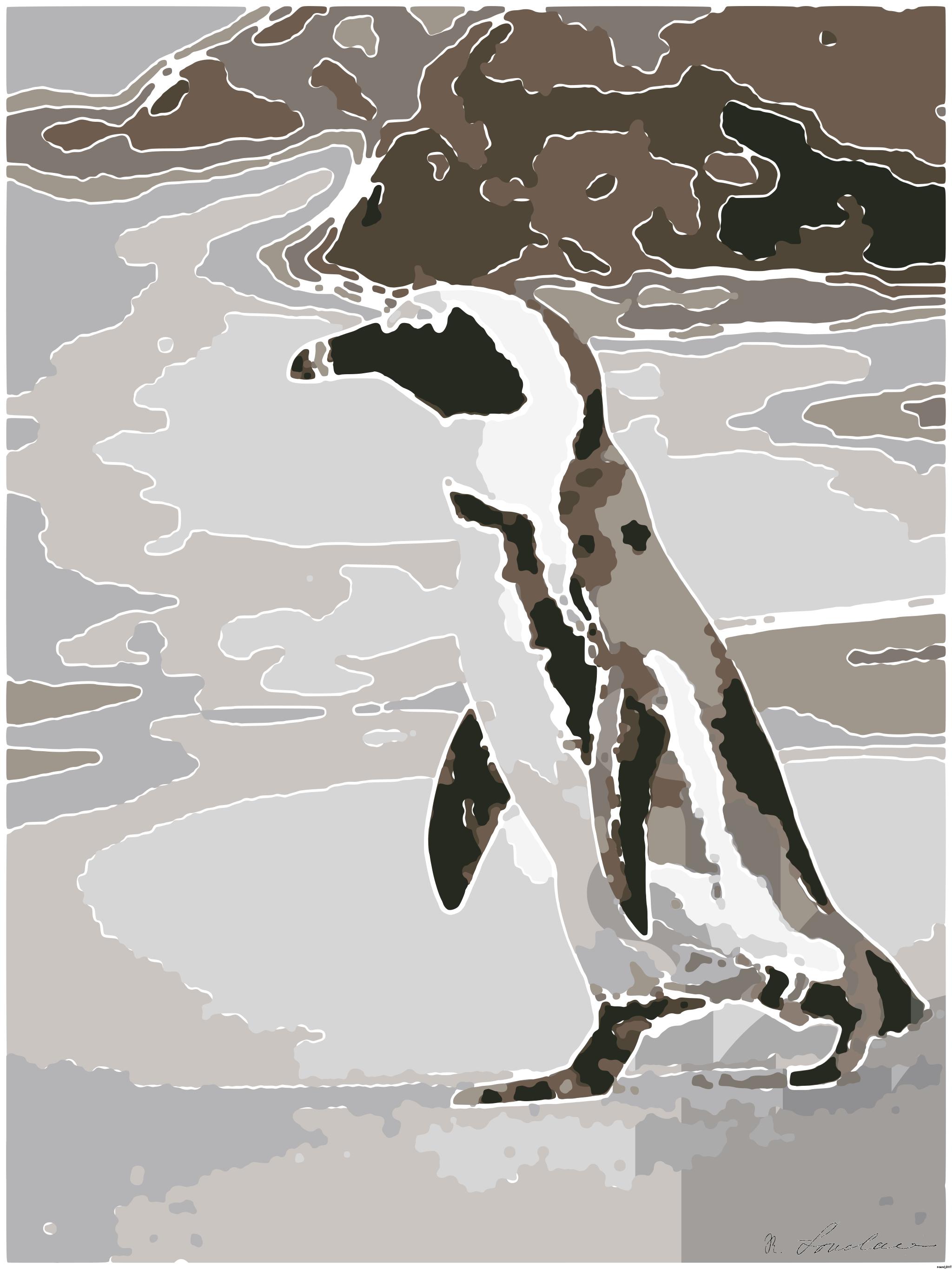 Drawn by bot nbxtFT4Ky2HRS4MdwrNs8R; art-bloby; A solitary African penguin strolls along a sandy beach, showcasing its distinctive black and white feathers. AI Art