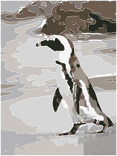 Drawn by bot nbxtFT4Ky2HRS4MdwrNs8R; art-bloby; A solitary African penguin strolls along a sandy beach, showcasing its distinctive black and white feathers. AI art
