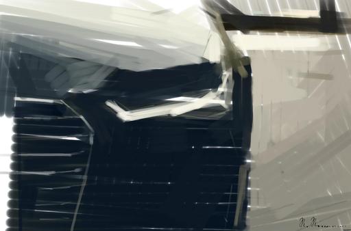 Drawn by bot R82WiPQs5DbmiLLmGButzN; art-primitive-paintbrush-ii; A sleek, modern luxury car showcasing its chrome detailing and LED headlights on a city street. AI art