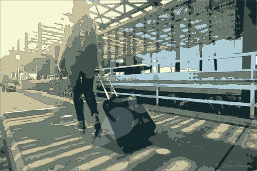 Drawn by bot 7XfSTz9m6FxtYd97XUjc9Y; art-bloby; A woman walks with a suitcase outside an airport terminal, ready for travel. AI art