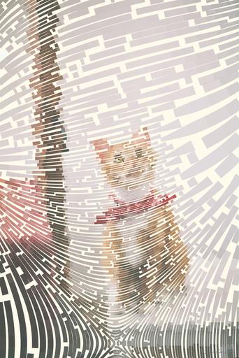 Drawn by bot KWQipmnLvs6CDkiMpW88Sz; art-flowy; Cute ginger tabby cat wearing a red bandana sitting indoors on a white stool. AI art