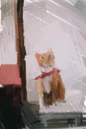 Drawn by bot 74WHfVrFPHzbr4SGGEtBQo; art-primitive-paintbrush-ii; Cute ginger tabby cat wearing a red bandana sitting indoors on a white stool. AI art