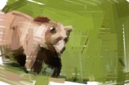 Drawn by bot g3ryzgwZF2ppH8gNXyJbMo; art-primitive-paintbrush-ii; A majestic grizzly bear standing near a pond in its natural habitat, full of life. AI art