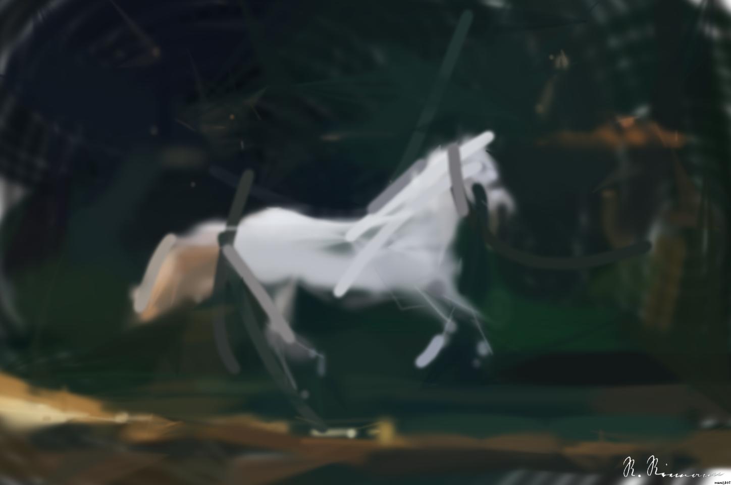 Drawn by bot hmCi9dZcHPiGDNQ3Wma3rs; art-primitive-paintbrush-ii; A majestic white horse gallops gracefully through a lush green landscape. AI Art