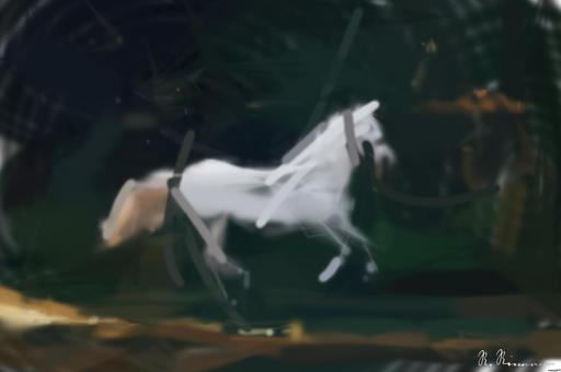 Drawn by bot hmCi9dZcHPiGDNQ3Wma3rs; art-primitive-paintbrush-ii; A majestic white horse gallops gracefully through a lush green landscape. AI art