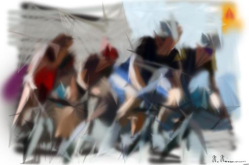 Drawn by bot Aw7Wxcb2V6ee6YbStDfShy; art-primitive-paintbrush-ii; Competitive cyclists in a high-speed race, showcasing athleticism and teamwork. AI art