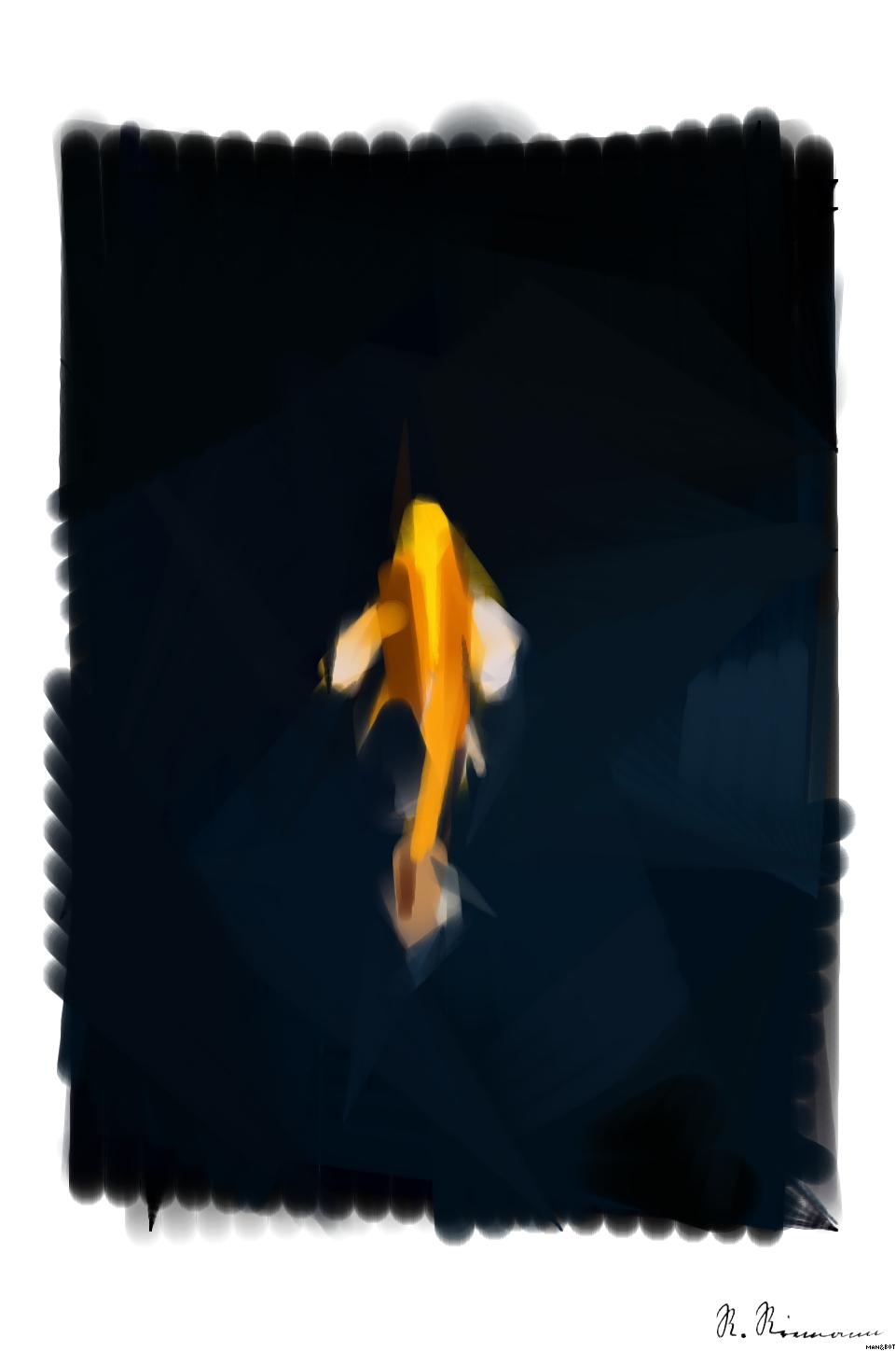 Drawn by bot RaARWPDZ9yz2STHKLg34XW; art-primitive-paintbrush-ii; yellow and white fish in water AI Art
