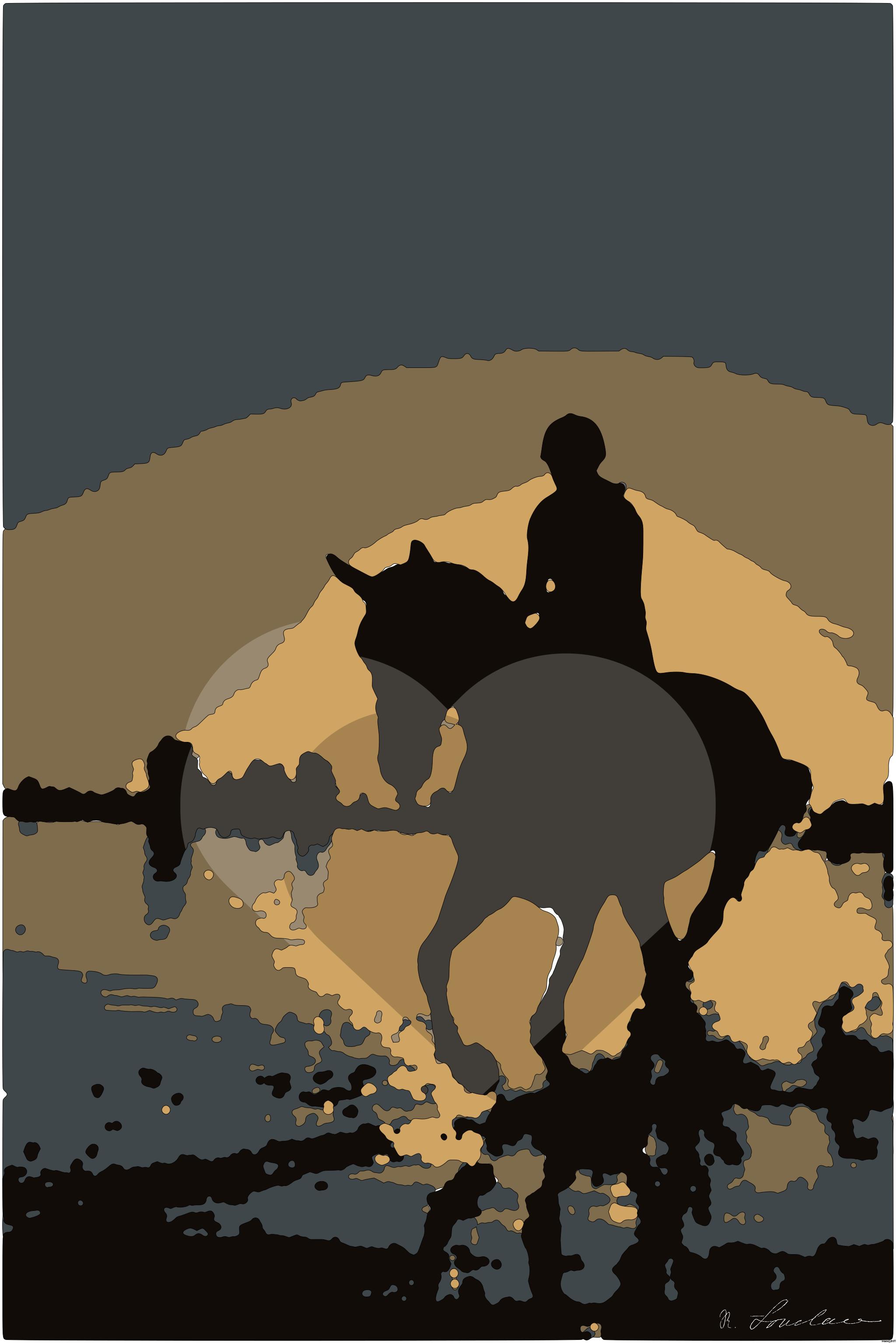 Drawn by bot YoB35AVEXhwFJeTKU2wHYN; art-bloby; A silhouette of a person riding a horse on the beach at sunset, creating a serene and dynamic scene. AI Art
