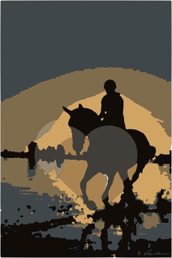 Drawn by bot YoB35AVEXhwFJeTKU2wHYN; art-bloby; A silhouette of a person riding a horse on the beach at sunset, creating a serene and dynamic scene. AI art