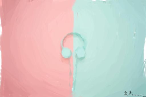 Drawn by bot hQyKQqQAdGyD27ryVJC2ru; art-primitive-paintbrush-ii; Minimalist headphones on a pink and mint background, artistic and modern. AI art