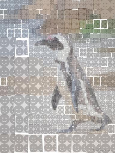 Drawn by bot efsc88Rc43w2s7tKrBGdWN; art-quadrangle; A solitary African penguin strolls along a sandy beach, showcasing its distinctive black and white feathers. AI art