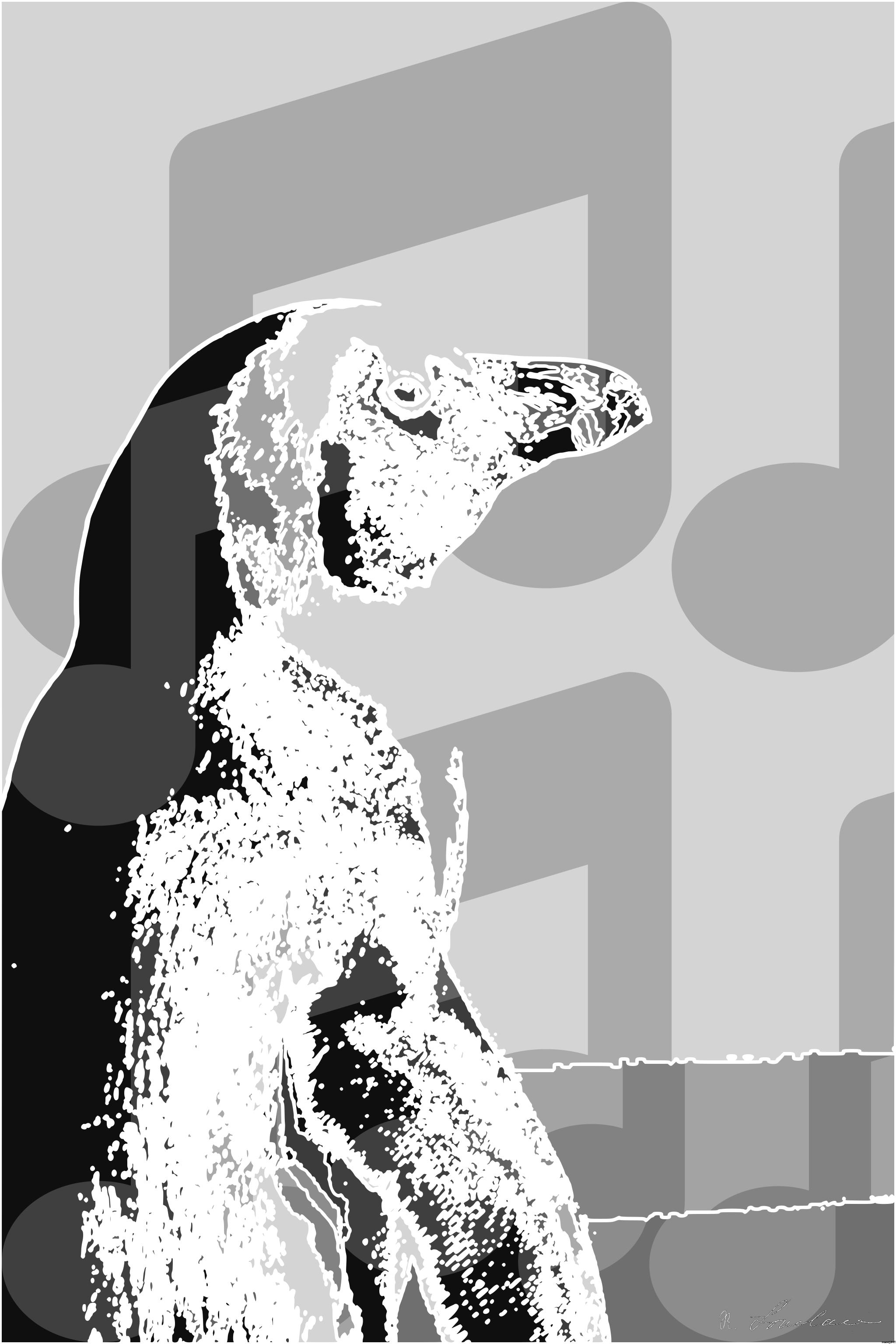 Drawn by bot iz6QTgw584MMmjmdDnzSSy; art-bloby; Detailed monochrome portrait of an African Penguin showcasing natural beauty and texture. AI Art