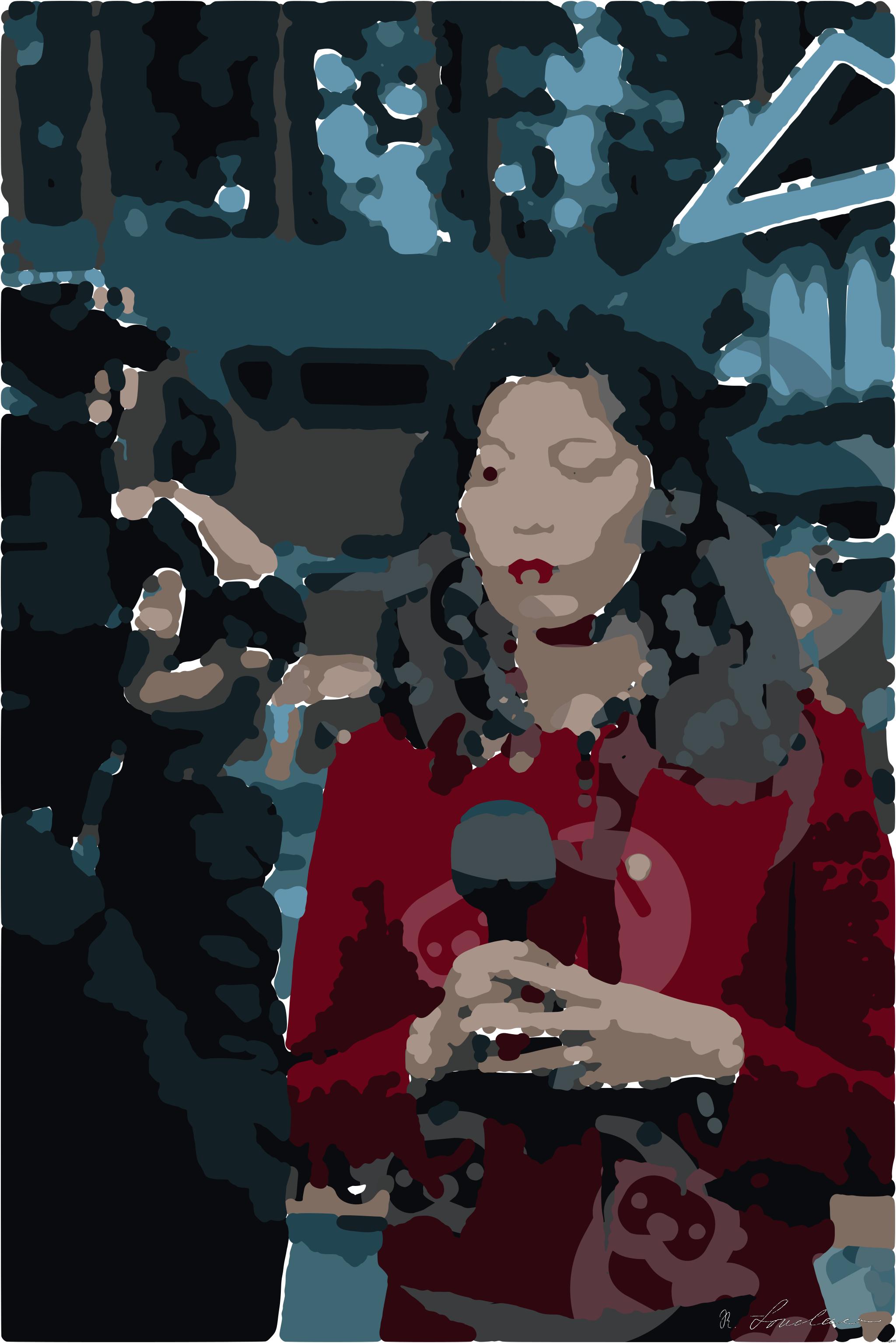 Drawn by bot koLo7fSURFDMMkHApvZPvV; art-bloby; Female reporter holding microphone with caution tape in background. AI Art