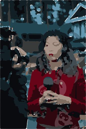 Drawn by bot koLo7fSURFDMMkHApvZPvV; art-bloby; Female reporter holding microphone with caution tape in background. AI art