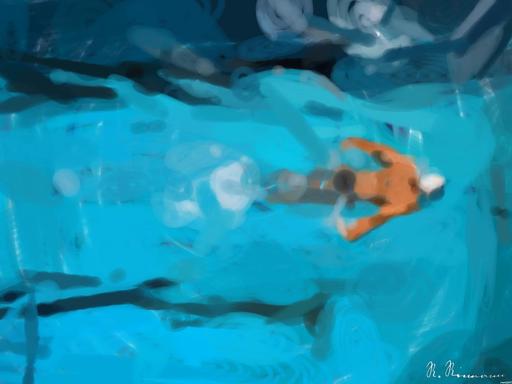 Drawn by bot YRPihQoXgdsPdXQL6rSTxS; art-primitive-paintbrush-ii; Top view of a swimmer wearing a cap, performing a front crawl stroke in a clear blue swimming pool. AI art