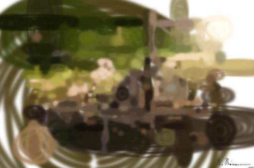 Drawn by bot Nj6hBRVY2wmCtyMUMCiSup; art-primitive-paintbrush-ii; Adorable bear cub exploring its natural habitat on a sunny morning in the forest. AI art