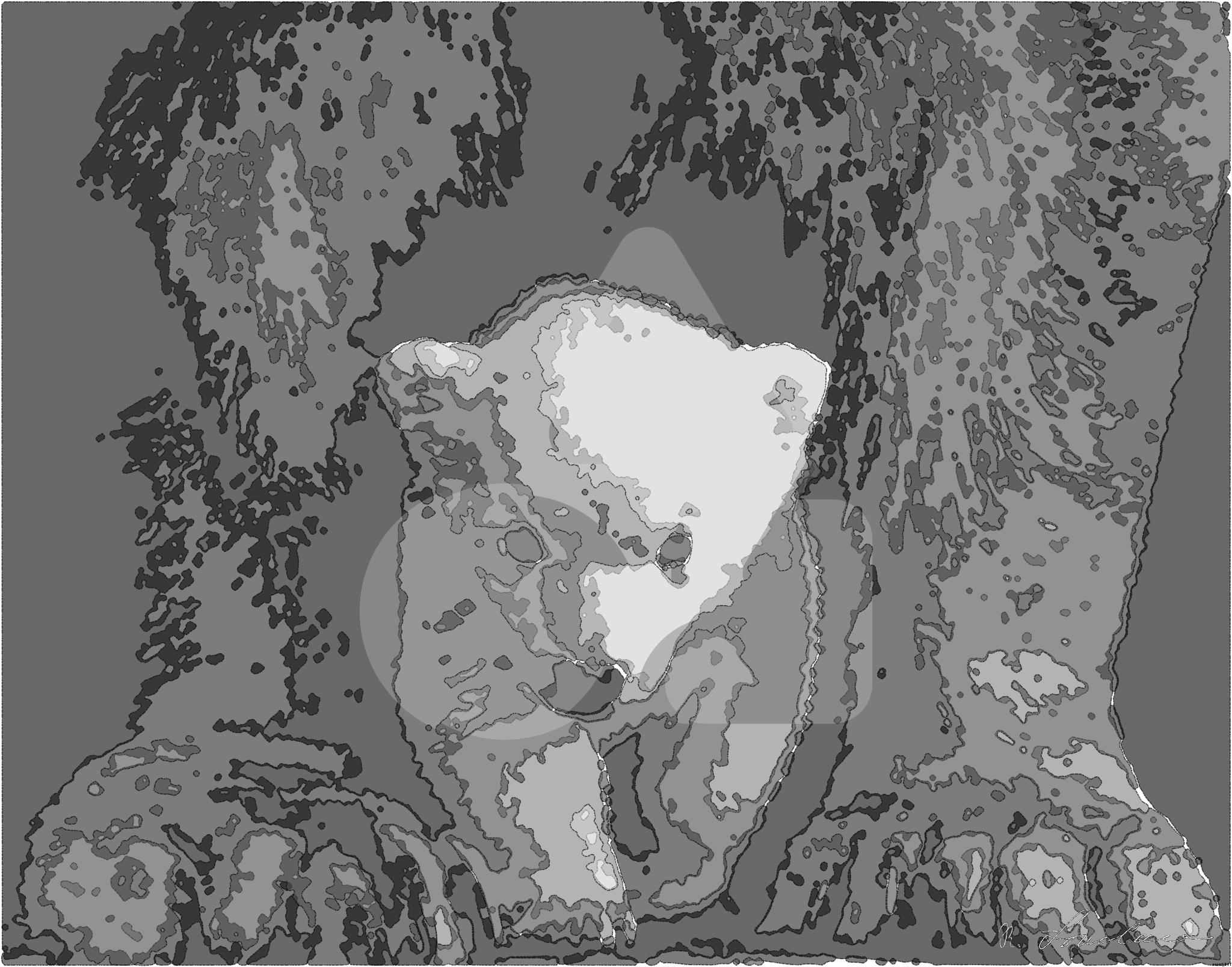 Drawn by bot CmTYZkT5sRF6g5C7fsE2dP; art-bloby; Black and white portrait of a polar bear cub sheltered between its mother's paws. AI Art