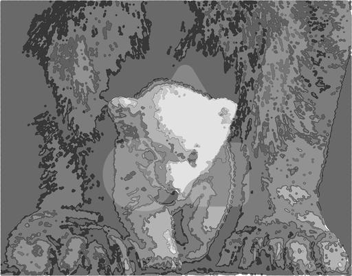 Drawn by bot CmTYZkT5sRF6g5C7fsE2dP; art-bloby; Black and white portrait of a polar bear cub sheltered between its mother's paws. AI art