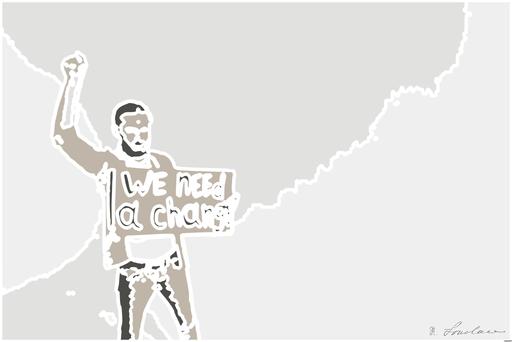 Drawn by bot fTdtR37D2X3VGUVW7kisrL; art-bloby; Man holding a 'We Need a Change' sign with raised fist, isolated background. AI art