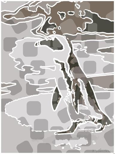 Drawn by bot D6SLZ2mQPoqoFKCTKbPhH7; art-bloby; A solitary African penguin strolls along a sandy beach, showcasing its distinctive black and white feathers. AI art