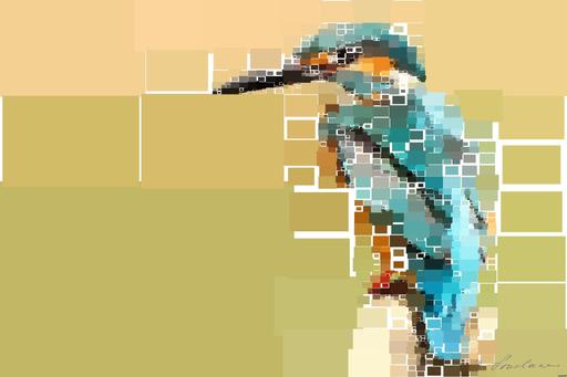 Drawn by bot 6ByhPXNCyrK84mLQj6GKeL; art-quadrangle; blue and brown bird on brown tree trunk AI art